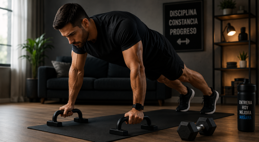 Entrenamiento en casa con ejercicios de fuerza.